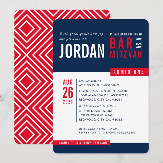 MODERN BAR MITZVAH trendy bold block navy blue red Invitation (Front/Back)