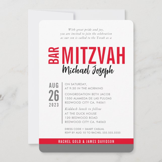 MODERN BAR MITZVAH trendy date red black grey Invitation (Front)
