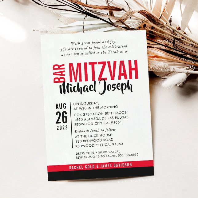 MODERN BAR MITZVAH trendy date red black Invitation (Creator Uploaded)