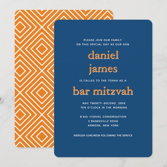 Modern Bar Mitzvah Typography Blue Orange Invitation (Front/Back)