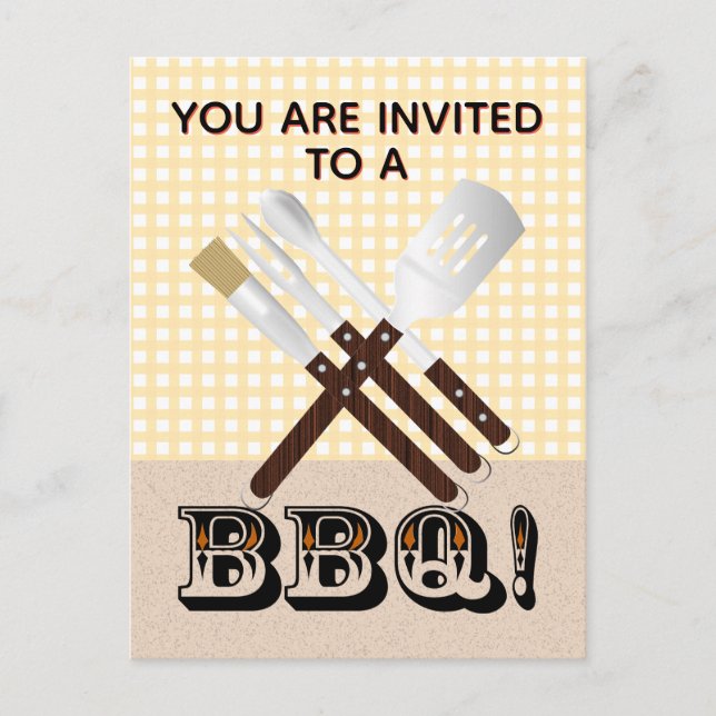 Modern Barbecue Tools on Gingham Invitation Postcard (Front)