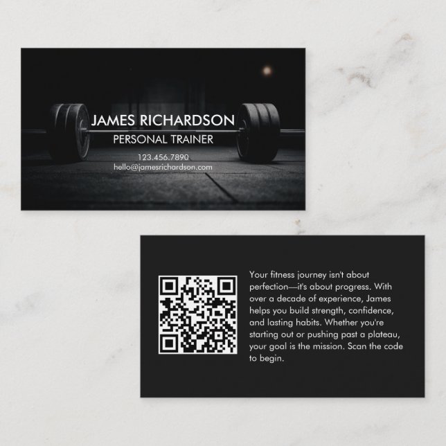 Modern Barbell Photo Personal Trainer QR Code Business Card (Front/Back)