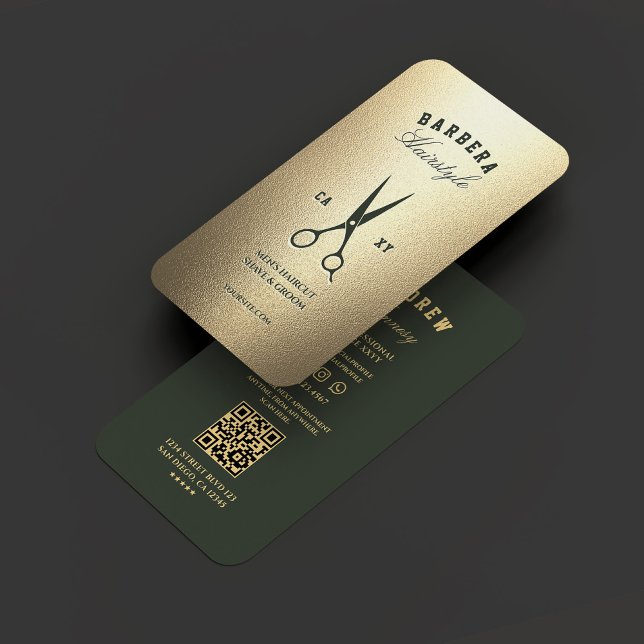 Modern Barber Green Scissors Elegant Gold  Business Card (Modern Barber Green Scissors Elegant Gold Business Card
)