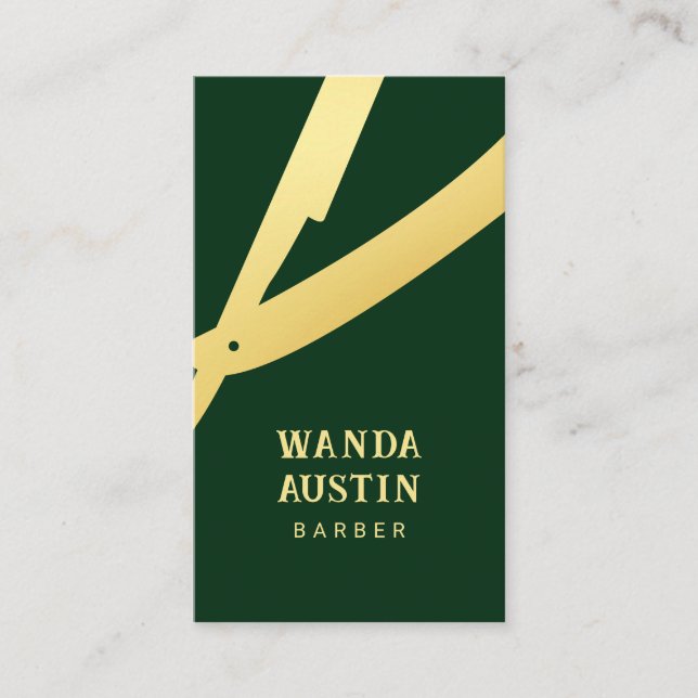 Modern Barber Razor Dark Green Gold Qr Code  Business Card (Front)