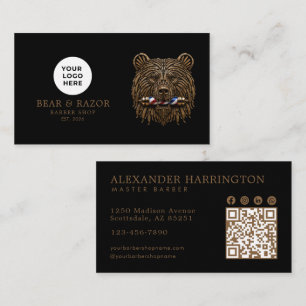 Modern Barber Shop Bronze Bear Logo Qr Code Business Card