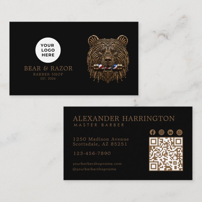 Modern Barber Shop Bronze Bear Logo Qr Code Business Card (Front/Back)