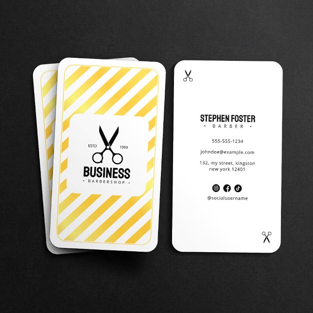 Modern Barber Shop Hair Barbershop White Gold Business Card (Creator Uploaded)