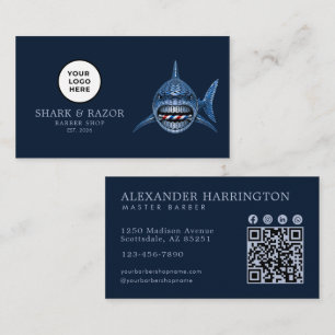 Modern Barber Shop Steel Shark Logo Qr Code Business Card