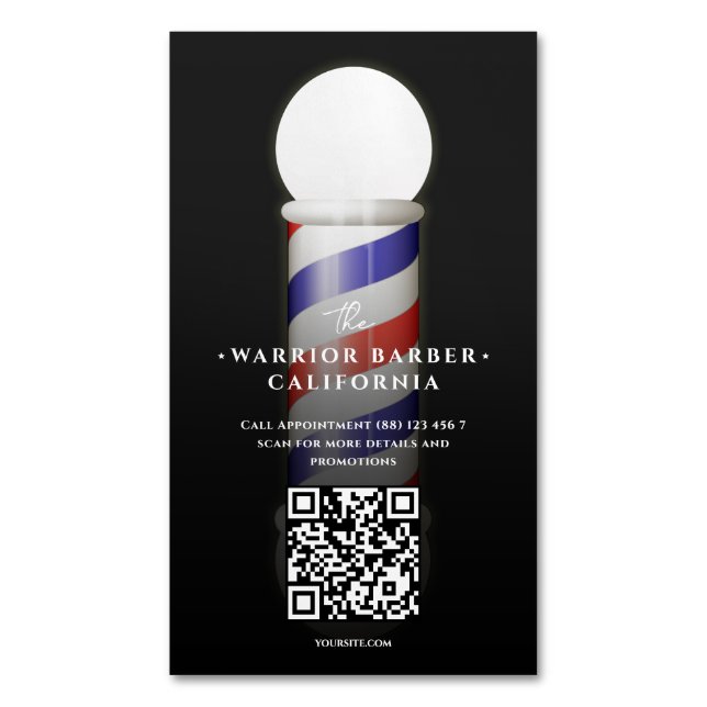 Modern Barber's Pole Barbershop QR Barber  Magnetic Business Card (Front Vertical)