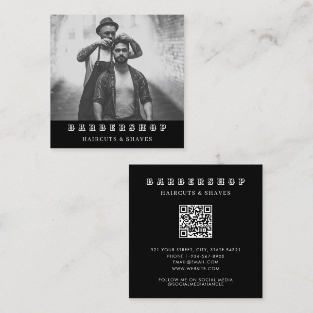Modern Barbershop Barber Full Photo QR Code Square Business Card (Front/Back)