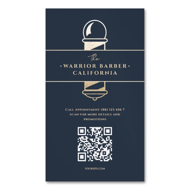 Modern Barbershop Barber's Pole Barber QR Magnetic Business Card (Front Vertical)