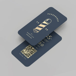 Modern Barbershop Dark Blue Gold Barber Pole Business Card