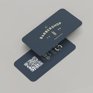Modern Barbershop Dark Blue Gold Barber's Pole Business Card