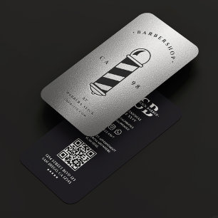 Modern Barbershop Elegant Black Silver Barber Pole Business Card