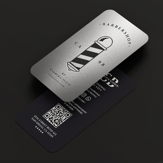 Modern Barbershop Elegant Black Silver Barber Pole Business Card (Modern Barbershop Elegant Black Silver Barber Pole Business Card
)