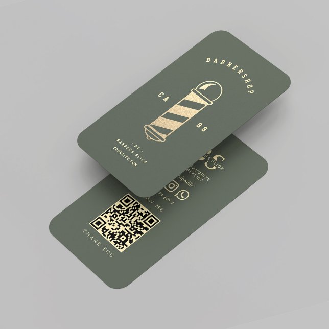 Modern Barbershop Gold Barber's Pole Sage Green  Business Card (Modern Barbershop Gold Barber's Pole Sage Green Business Card
)