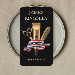 Modern Barbershop Haircut Barber's Black QR code Business Card