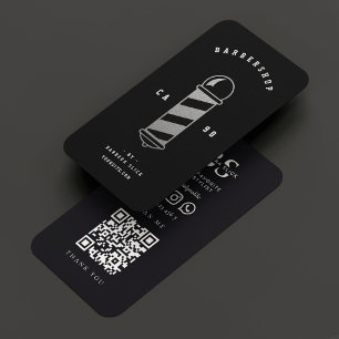 Modern Barbershop Haircut Black Silver Barber Pole Business Card