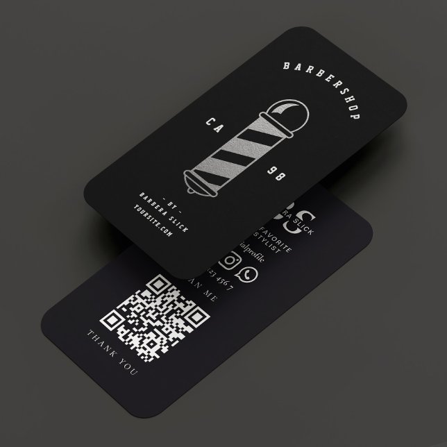 Modern Barbershop Haircut Black Silver Barber Pole Business Card (Modern Barbershop Haircut Black Silver Barber Pole Business Card
)