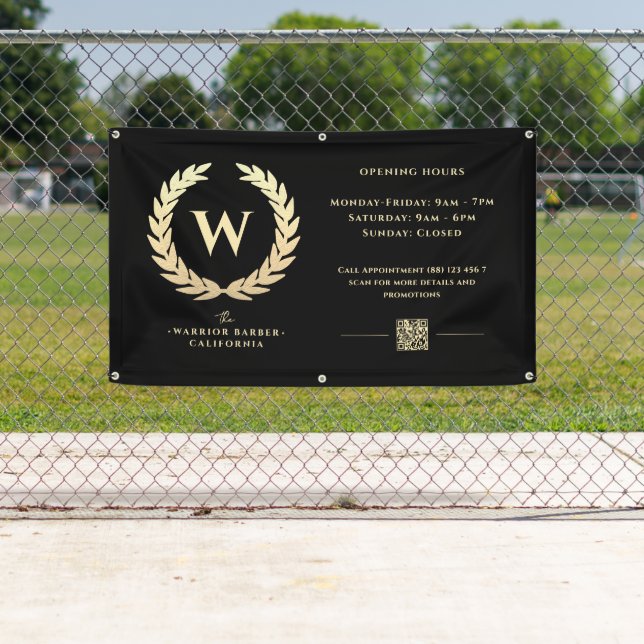 Modern Barbershop Opening Hours Gold Banner Sign  (Insitu)