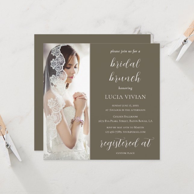 Modern Bark Brown Photo Bridal Shower Brunch Invitation (Front/Back In Situ)