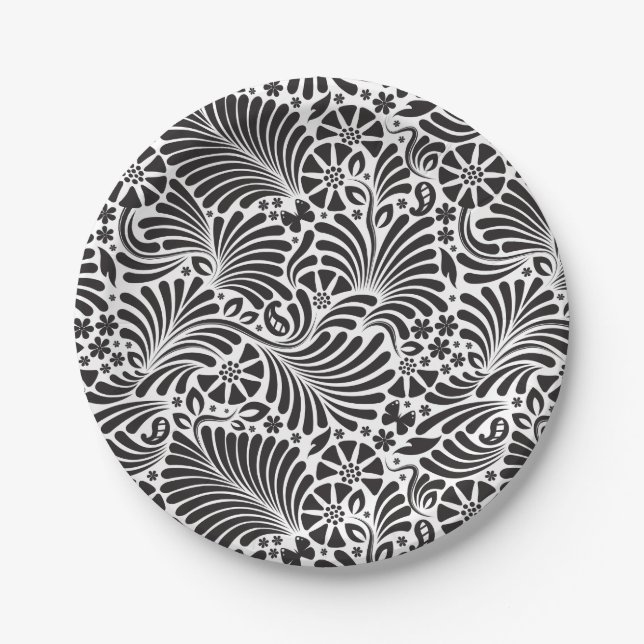 Modern Baroque Floral Black and White Paper Plate (Front)