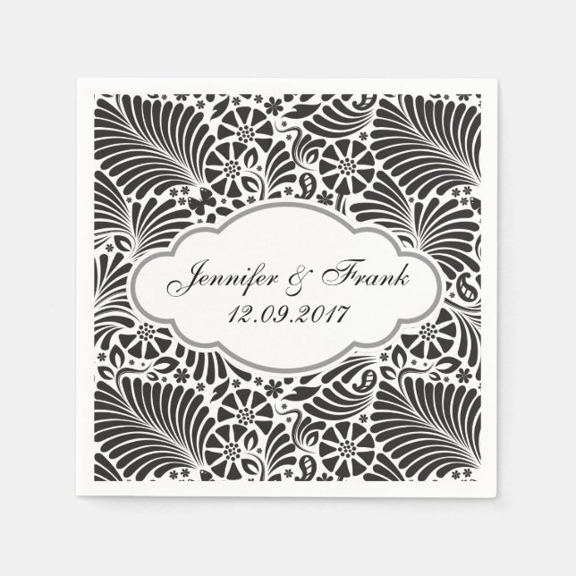 Modern Baroque Floral Black and White Wedding Napkin (Front)
