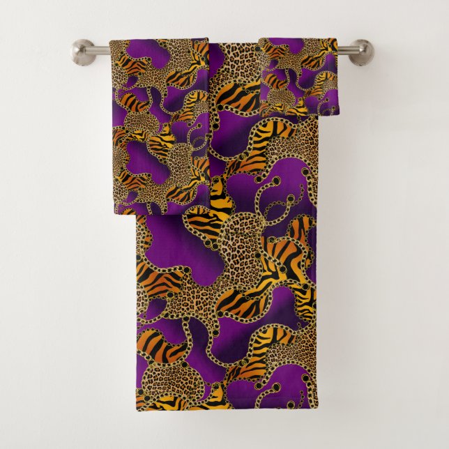 Modern Baroque Glam Animal Print On Purple  Bath Towel Set (Insitu)