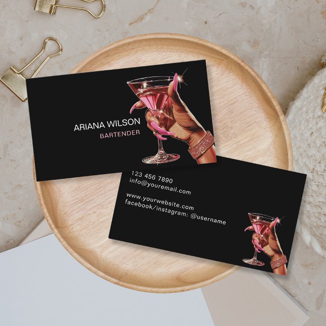 Modern Bartender Cocktail Bar Club Event  Business Card ( woman hand holding martini glass)