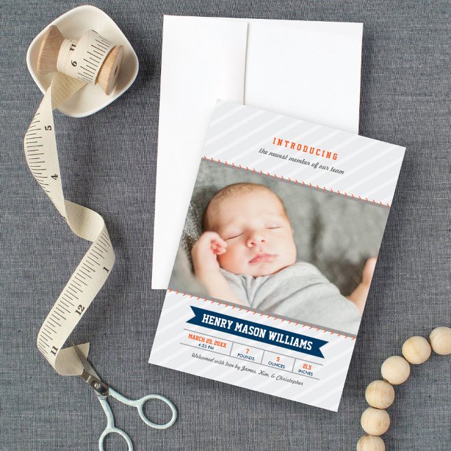 Modern Baseball Baby Boy Navy Orange Photo Birth Announcement (Creator Uploaded)