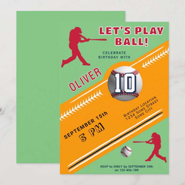 Modern Baseball Ball Player Themed Birthday Invitation (Front/Back)