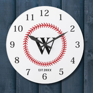 Modern Baseball Ball Sport Design Monogram  Large Clock