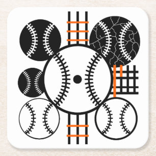 Modern Baseball  Black White Orange Color Pattern Square Paper Coaster