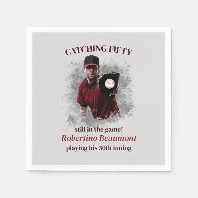 Modern Baseball Catching Fifty Men's 50th Birthday Napkin (Front)