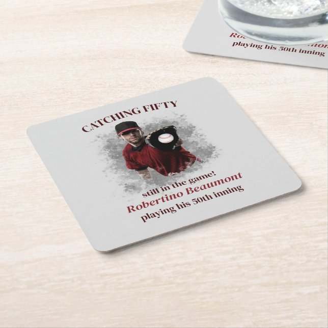 Modern Baseball Catching Fifty Men's 50th Birthday Square Paper Coaster (Angled)
