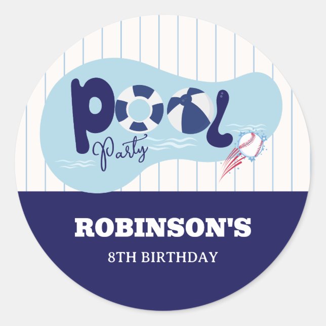 Modern Baseball Pool Birthday Party  Classic Round Sticker (Front)