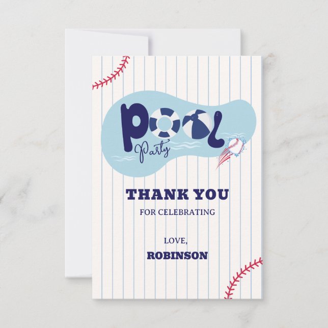 Modern Baseball Pool Birthday Party Thank You Card (Front)