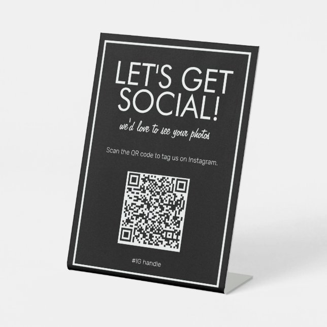 Modern Basic Black Social Media QR Code Table Sign (Front)