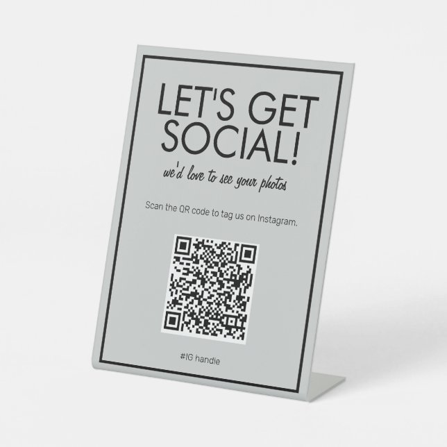 Modern Basic Grey Social Media QR Code Table Sign (Front)