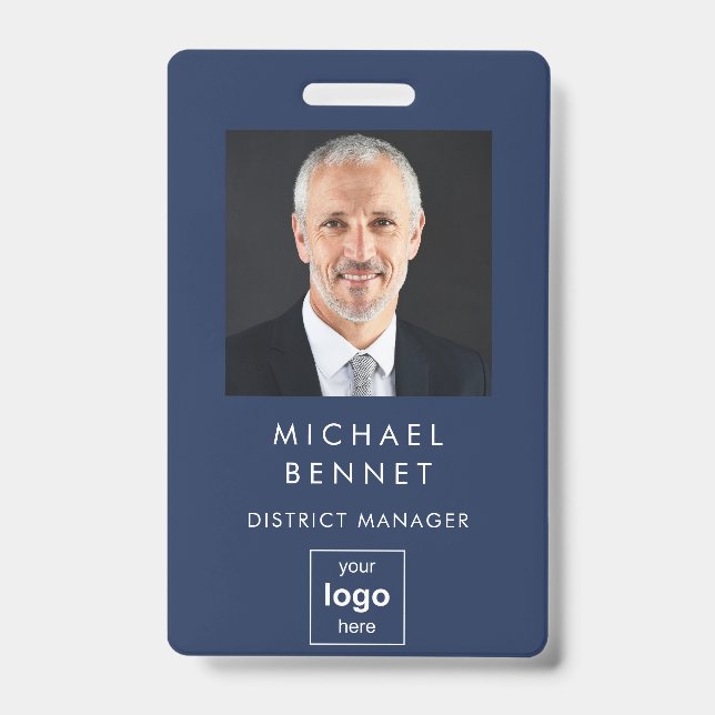 Modern Basic Navy Blue Corporate Photo ID Badge (Front)