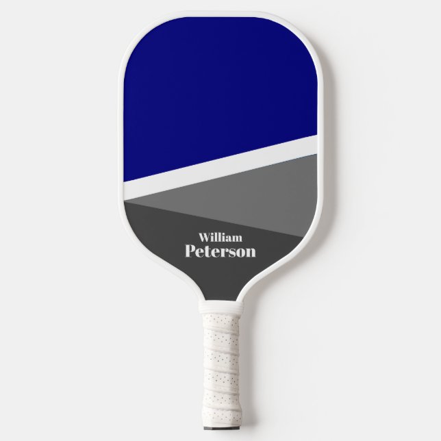 Modern Basic Navy Blue Grey Shades Custom Name  Pickleball Paddle (Front)
