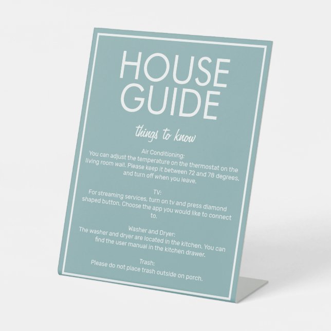 Modern Basic Teal House Guide Guest Table Sign (Front)