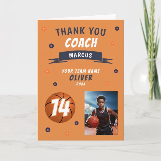 Modern Basketball Ball Photo Thank you Coach Card (Front)