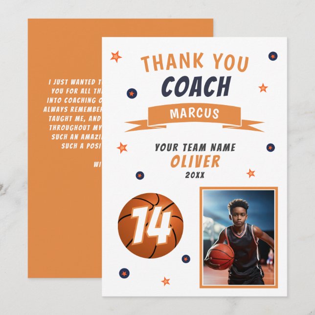 Modern Basketball Ball Photo Thank you Coach Card (Front/Back)