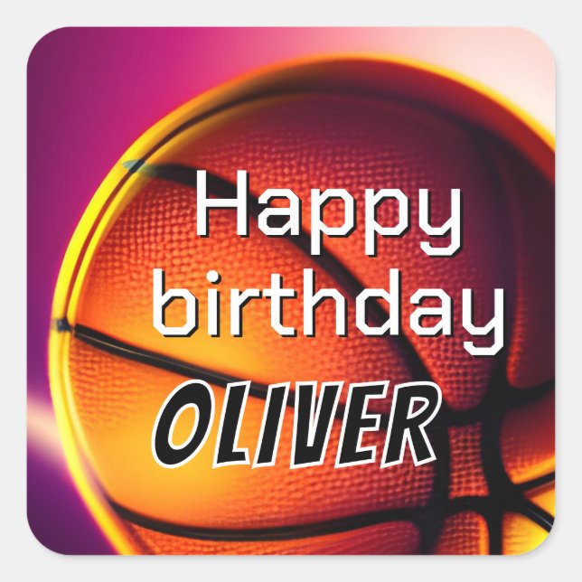 Modern Basketball Ball Sports Happy Birthday Square Sticker (Front)