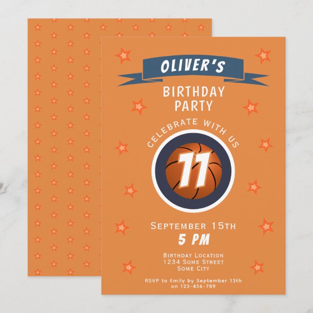 Modern Basketball Ball Star Sports Birthday Invitation (Front/Back)