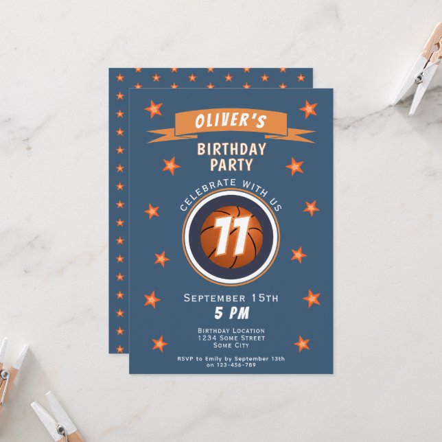 Modern Basketball Ball Star Sports Birthday Invitation (Front/Back In Situ)