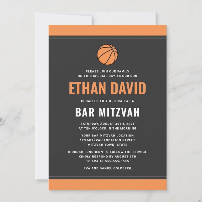 Modern basketball dark grey and orange bar mitzvah invitation (Front)