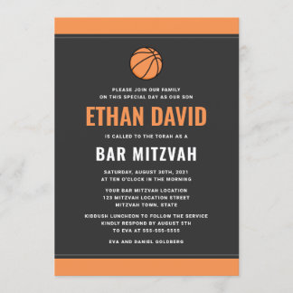 Modern basketball dark grey and orange bar mitzvah invitation