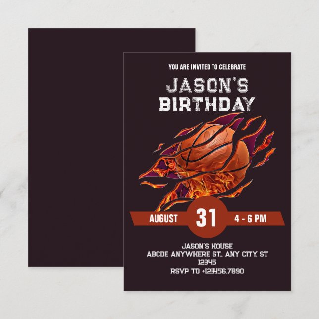 Modern Basketball fire birthday  Invitation (Front/Back)